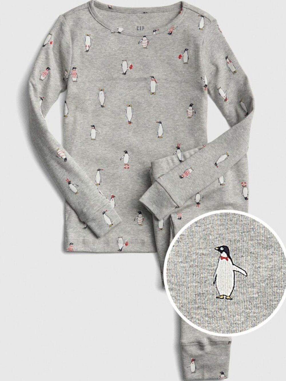 NWT GAP Kids Light Heather Gray Two-Piece Penguin Pajama  PJs - Size 10